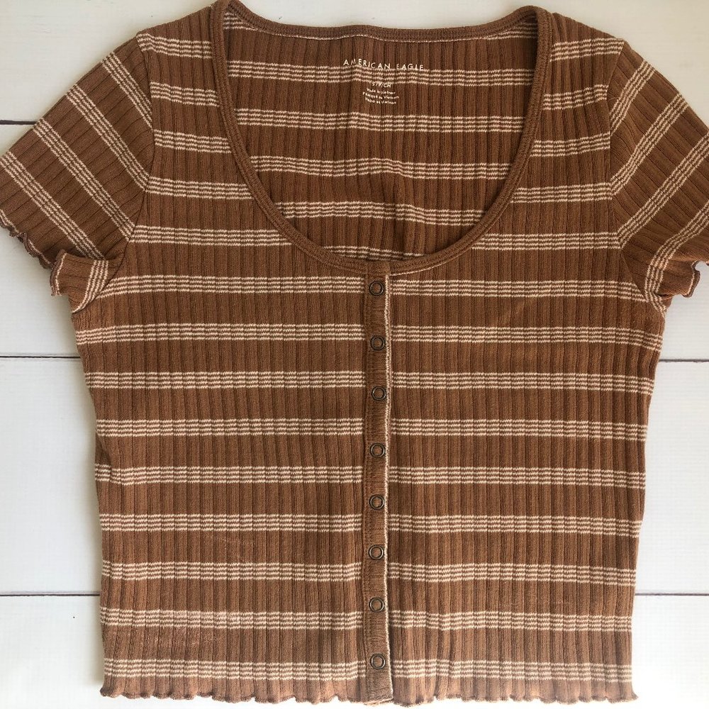 American Eagle AE Ribbed Striped Baby Tee with Ruffled Sleeves Edge